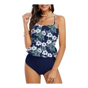 Halter High Waisted Swimsuit Ruffle Tummy Control Peplum Size Med NWT #1923